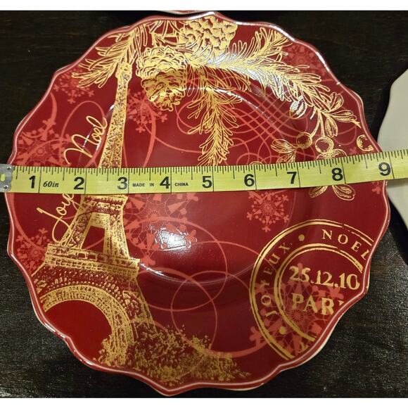 222 Fifth Joyeux Noel Red Gold Paris Eiffel Tower Holiday Plates 4 Set 9" Salad - Picture 6 of 7